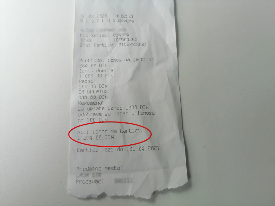 Račun koji pokazuje da je kartica dopunjena