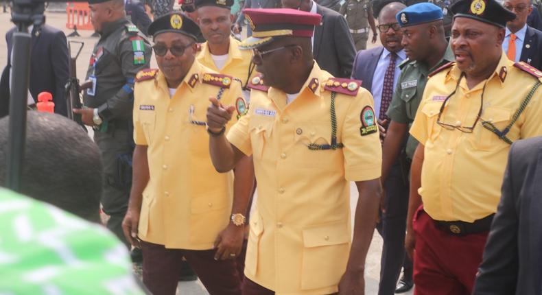 Gov. Babajide Sanwo-Olu of Lagos State during the passing out parade of the newly recruited officials of Lagos State Traffic Management Authority (LASTMA) in Lagos on Wednesday, February 5, 2020. (Twitter/@followlasg)