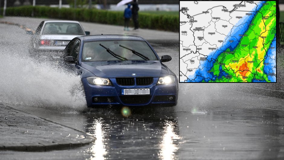 Ulewy przechodzą nad Polską, a IMGW wydaje ostrzeżenia przed wezbraniami (mapa: kachelmannwetter.de)