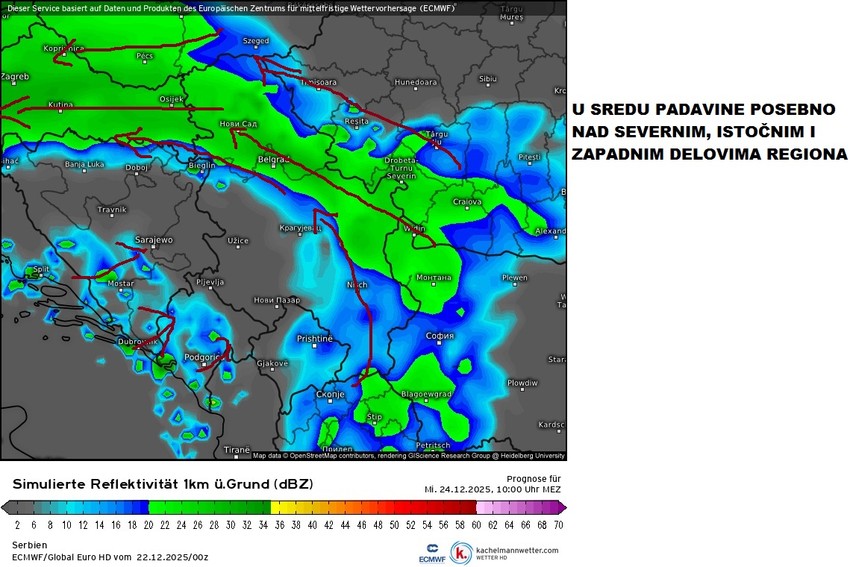 Mapa padavina u sredu
