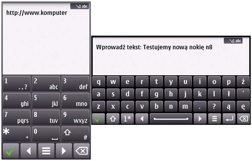 Ekranowa klawiatura w N8. Pozycja wertykalna to jakaś kpina, horyzontalnie jest lepiej, jednak osoby nie przyzwyczajone do Symbiana będą robić straszliwe byki - przynajmniej na początku