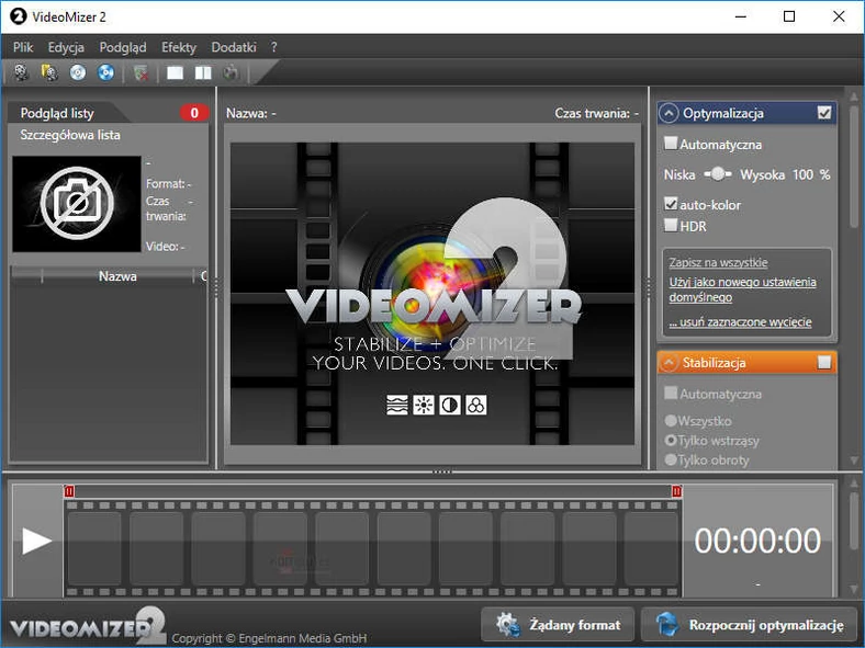 Główne okno programu do obróbki materiałów wideo - Videomizer 2