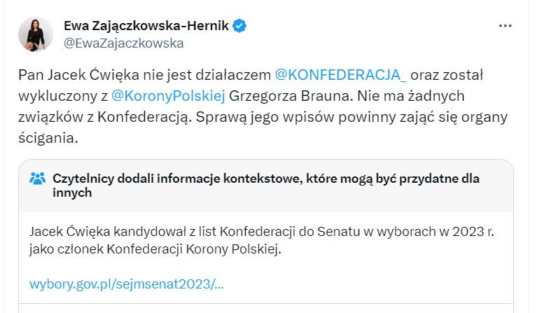 Wpis rzeczniczki Konfederacji z informacją kontekstową