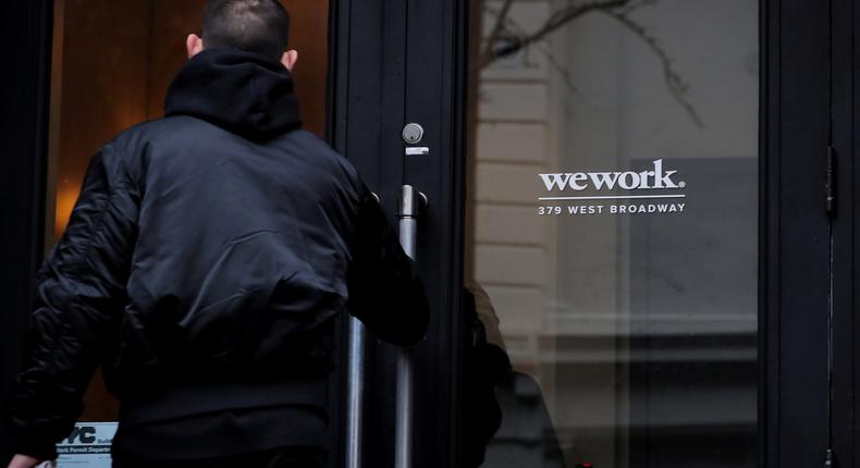 FILE PHOTO: A man enters a WeWork co-working space in New York City, New York U.S., January 8, 2019. REUTERS/Brendan McDermid/File Photo