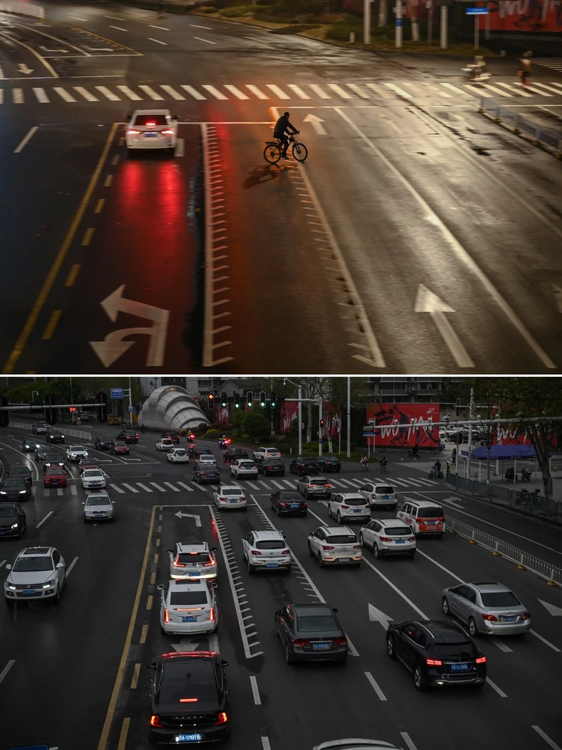 Vuhan nekad i sad (gore: 26. januar, dole: 1. april)