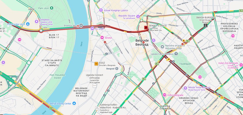 Mapa gužvi u Beogradu, oko 10.30 časova