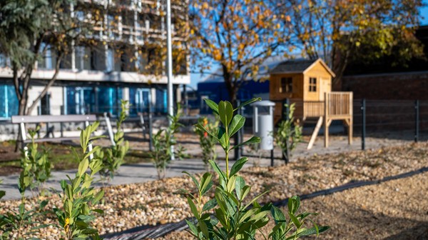Na tyłach budynku przygotowano niewielkie podwórko. Znalazł się tam m.in. zbiornik na małą retencję wód opadowych, plac zabaw, miejsca parkingowe i estetycznie osłonięte miejsce gromadzenia odpadów.