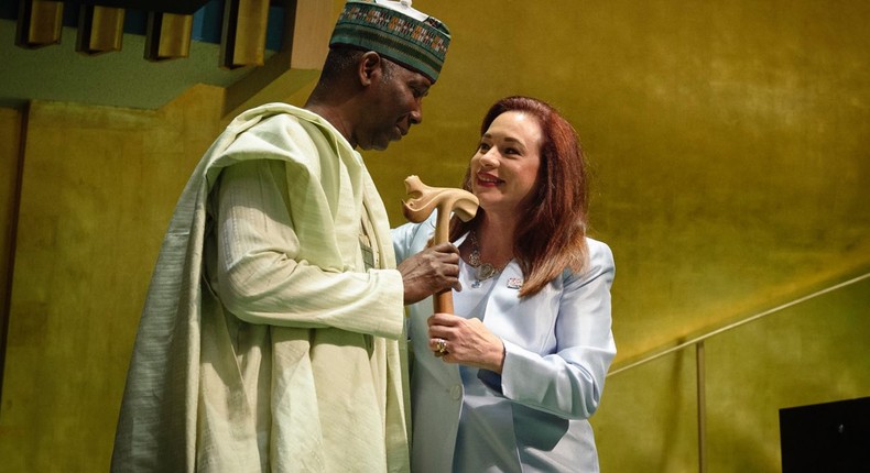 President of 74th United Nations General Assembly Tijjani Muhammad-Bande and his predecessor, Ms Maria Espinosa, the President of the 73rd UNGA [Twitter/@BandeTijjani]