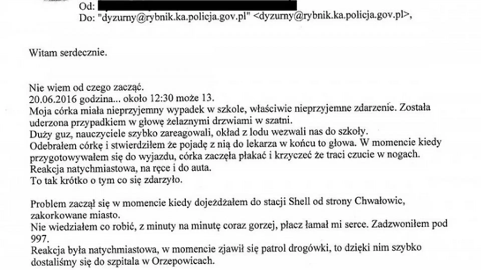 Wzruszający list ojca. Problem z dojazdem do szpitala rozwiązali policjanci