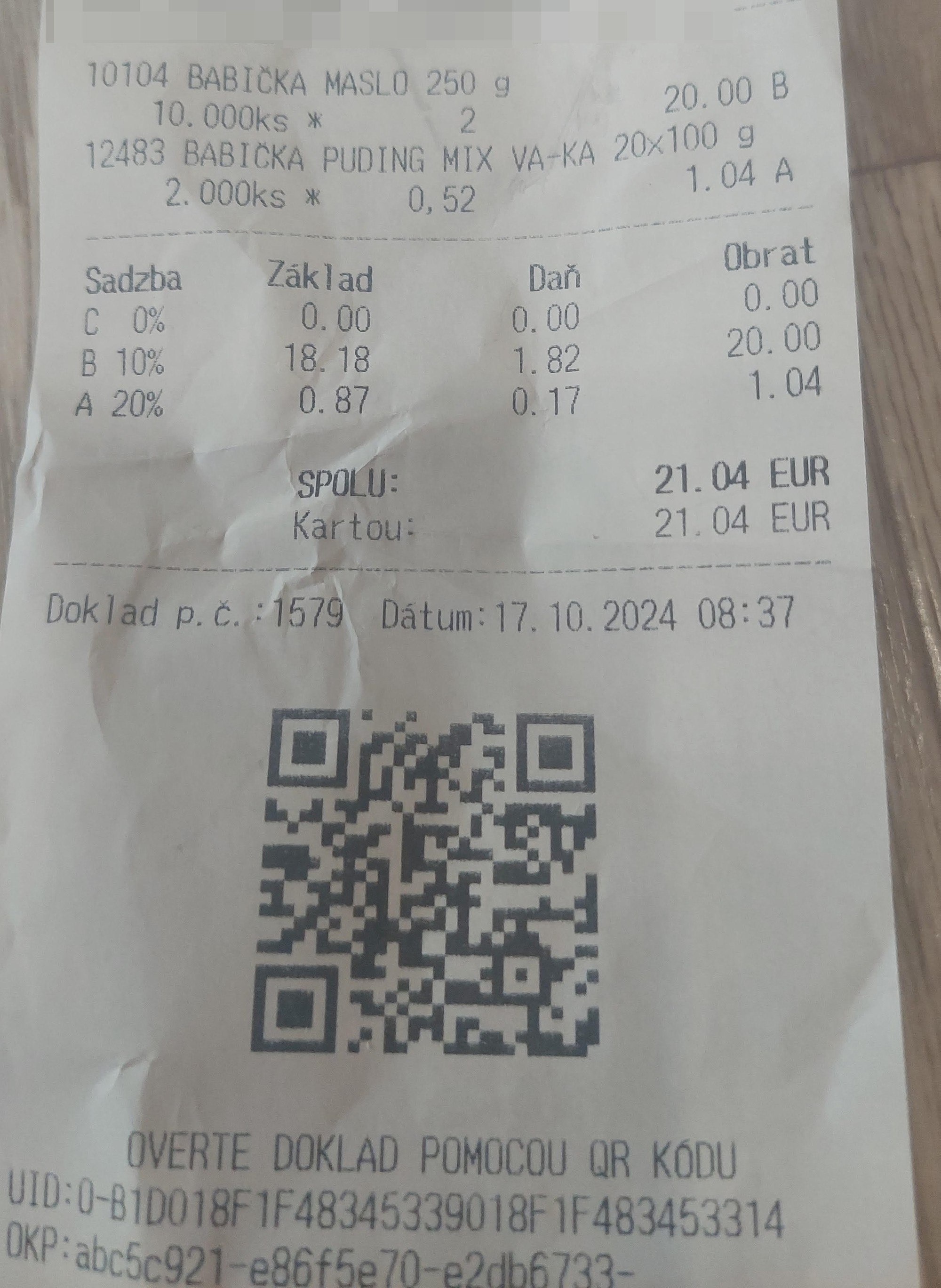 Anna poslala ukážku ceny masla.
