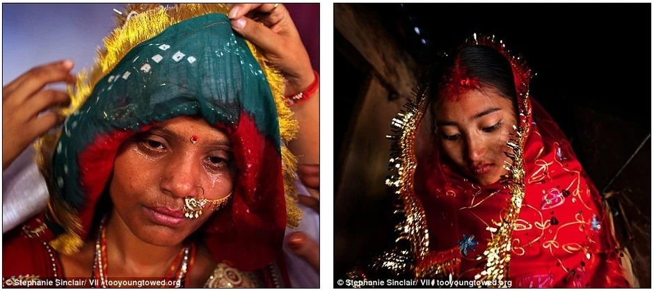 Sumena Šrešta Balami (desno, 15) napušta kuću da bi se srela s mladoženjom Prakašom Balamijem (16) u selu Kagati u Nepalu. Sarita (levo, 15) u suzama i znoju uoči odlaska u novi dom u Radžastanu, Indija