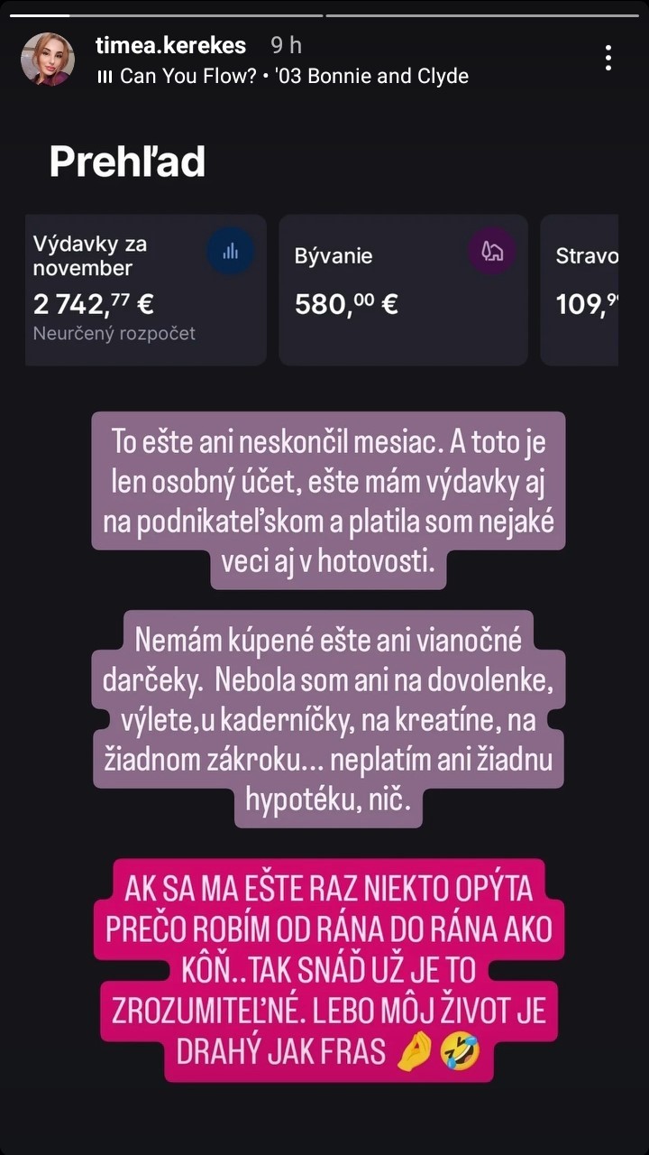 Exmarkizáčka Timea Kerekeš odhalila, koľko v novembri minula peňazí.