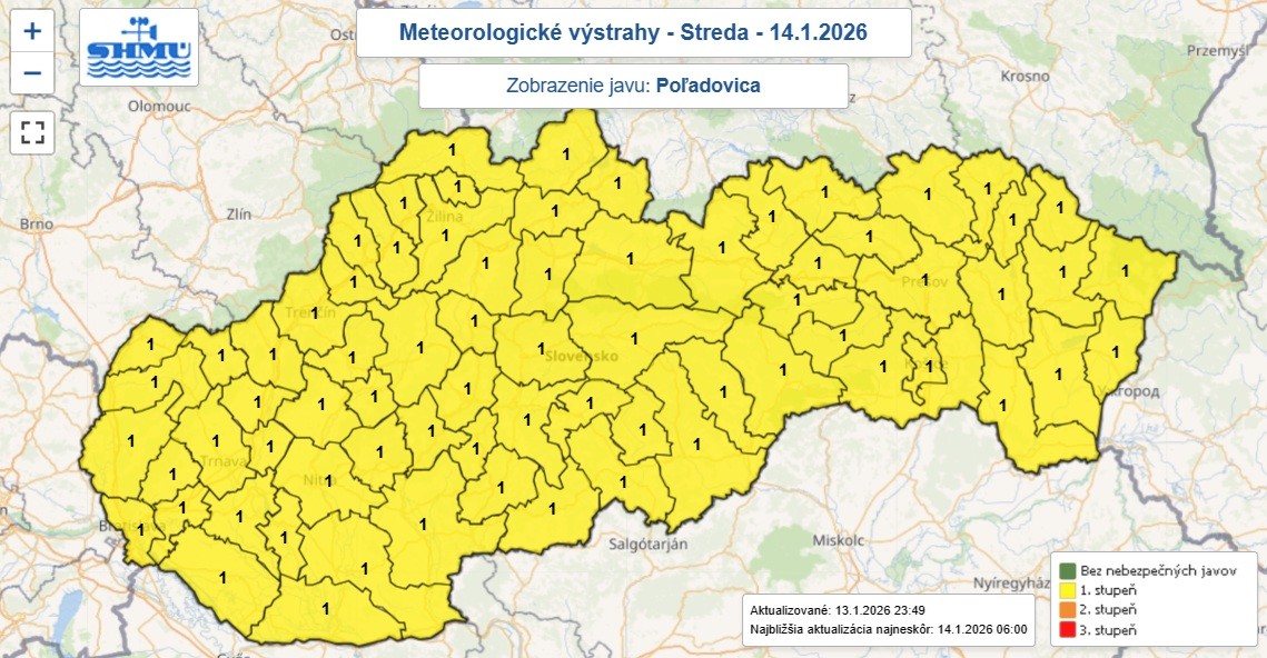 Výstraha prvého stupňa pred poľadovicou je vydaná do stredy 14. januára 12.00.