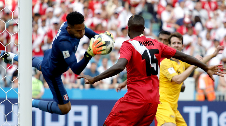 Pedro Gallese peru kapus elkapja a labdát az Ausztrália – Peru mérkőzésen, az oroszországi labdarúgó-világbajnokság C csoportjának harmadik fordulójában a szocsi Fist Stadionban 2018. június 26-án /Fotó: MTI/EPA/Ronald Wittek