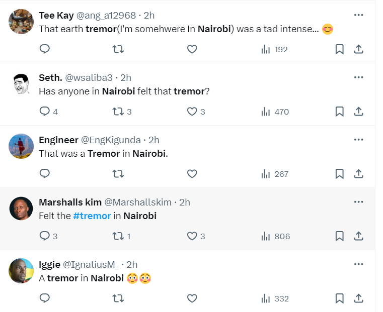 Kenyans on social media reported a tremor in Nairobi and surrounding areas