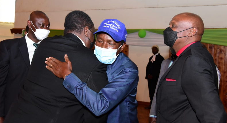Musalia Mudavadi greets Kalonzo Musyoka and Gideon Moi when theyr attended the ANC delegates conference on January 23, 2022