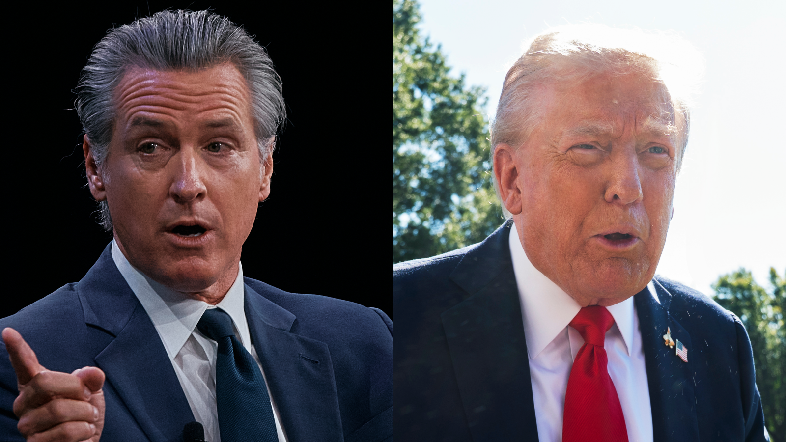 Kalifornský demokratický guvernér Gavin Newsom a americký prezident Donald Trump.