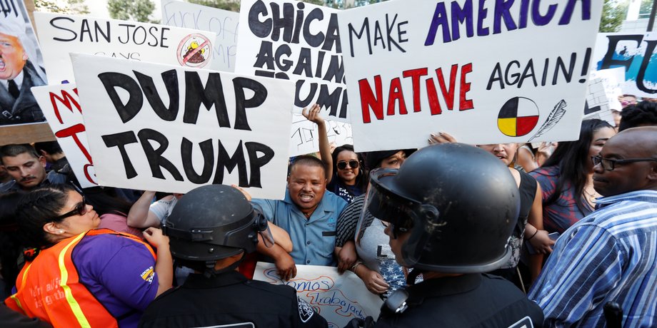 Victor Cristobal (C), of San Jose, chants during a demonstration outside a campaign rally for Republican U.S. presidential candidate Donald Trump in San Jose, California, U.S. June 2, 2016.