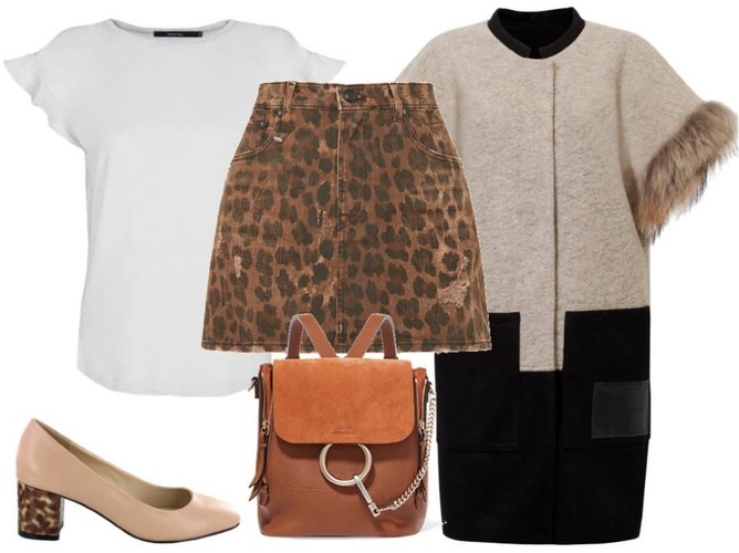 STYLIZACJA ze spódniczką mini: bluzka-More Moi/moremoi.pl, plaszczyk-Trynite/trynite.pl, buty-Menbur/menbur.pl, spódniczka, plecak-TK Maxx