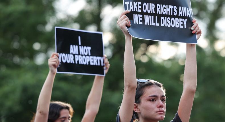 People protest the Supreme Court decision to overturn Roe v Wade abortion decision in New York City, New York, U.S., June 24, 2022.