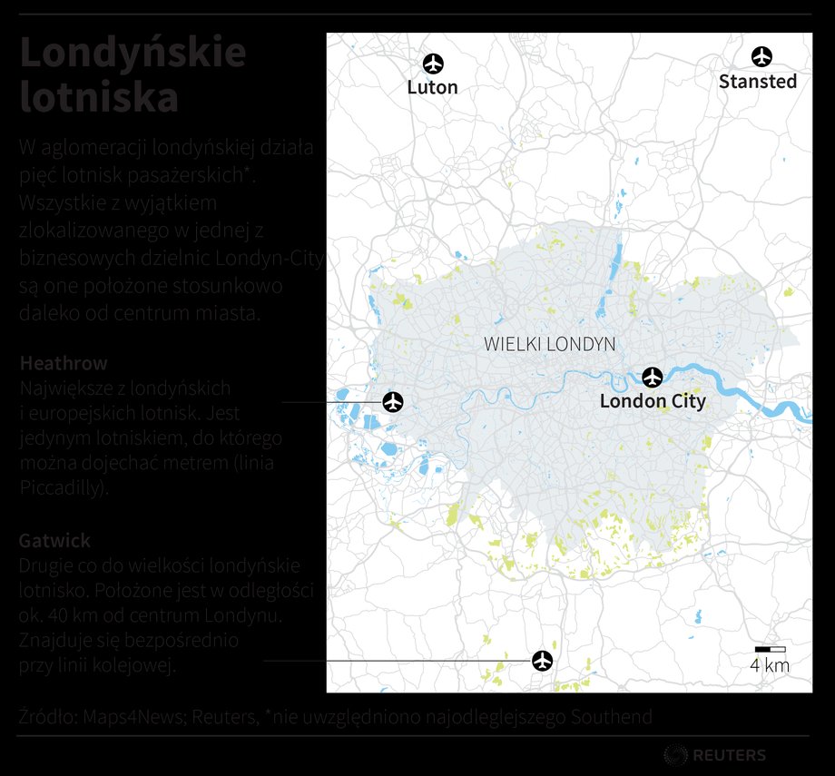 Mapa lotnisk obsługujących Londyn. Samoloty lecące do stolicy Wielkiej Brytanii lądują w jednym z pięciu portów lotniczych