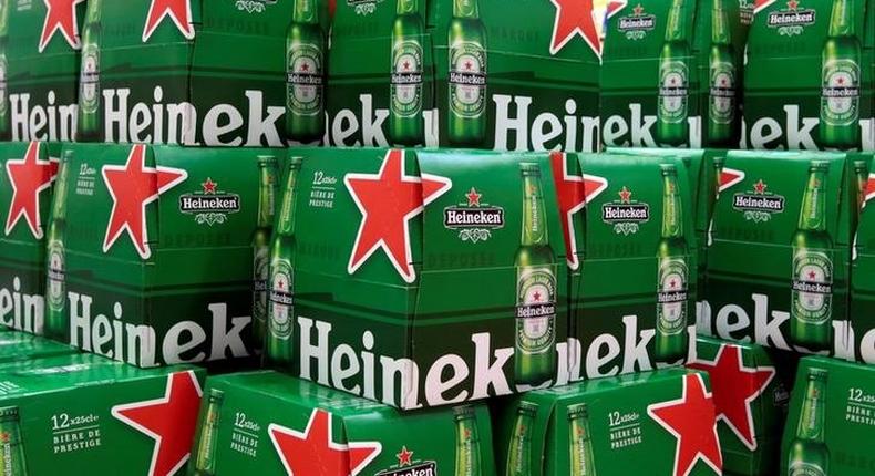 Packs of Heineken beer are displayed for sale at a Carrefour hypermarket in Nice, France, April 6, 2016. 