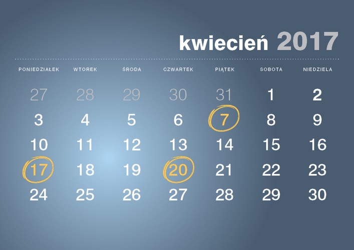 <strong>7 kwietnia 2017 roku</strong>
<br><br> Termin złożenia deklaracji CIT-7 <br><br>
<br><br> Termin przekazania przez płatnika, o którym mowa w art. 26 ust 1 CIT, pobranego zryczałtowanego podatku<br><br> 
<br><br> Termin przekazania przez płatnika podatku od należności wypłaconych osobom niemającym w RP miejsca zamieszkania/siedziby z tytułu art. 21 ust 1 i art. 22 ust 1 CIT   <br><br>
<br><br> Termin płatności podatku w formie karty podatkowej  <br><br>
<br><br> Termin wpłaty pobranego przez płatnika podatku PCC, SD<br><br>
<br><br> Termin złożenia przez płatnika deklaracji: PCC-2, SD-2<br><br> 

<strong>17 kwietnia 2017 roku</strong>
<br><br>VAT-UE (nie dotyczy podatników składających VAT-UE w formie elektronicznej <br><br> 

<strong>20 kwietnia 2017 roku</strong>
<br><br>Termin złożenia deklaracji VIN-D, VIU-D<br><br>
<br><br>Termin złożenia informacji CIT-ST <br><br> 
<br><br> Termin płatności zaliczki CIT <br><br> 
<br><br>Termin płatności zaliczki CIT w formie uproszczonej <br><br>
<br><br>Termin złożenia informacji CIT-ST (zaliczki płacone kwartalnie)<br><br>
<br><br>Termin płatności zaliczki CIT kwartalnej <br><br>
<br><br> Termin płatności zaliczki PIT wg skali podatkowej<br><br> 
<br><br> Termin płatności zaliczki PIT podatek liniowy<br><br> 
<br><br> Termin płatności zaliczki PIT w formie uproszczonej<br><br> 
<br><br> Termin płatności zaliczki PIT przez podatników uzyskujących dochody bez pośrednictwa płatnika<br><br> 
<br><br> Termin płatności ryczałtu od przychodów ewidencjonowanych<br><br> 
<br><br> Termin wpłaty pobranych przez płatnika zaliczek PIT i zryczałtowanego podatku PIT od kwot wypłaconych<br><br>
<br><br> Termin płatności zaliczki PIT kwartalnej<br><br> 
<br><br> Termin płatności ryczałtu od przychodów ewidencjonowanych kwartalnego<br><br>