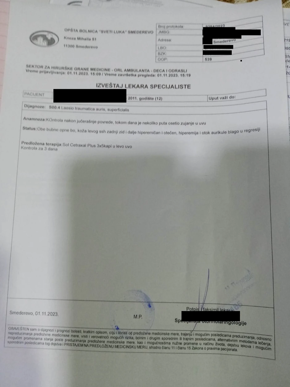 izveštaj lekara specijaliste