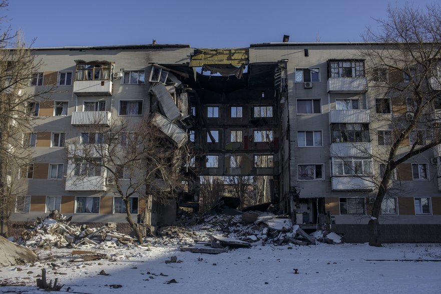 Budynki w Bachmucie uszkodzone po rosyjskim ostrzale, 10 lutego 2023 r.