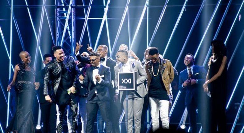 Some of the winners at the South African Music Awards (SAMAs) celebrate their victory on stage on Saturday, 18 April 2015. 