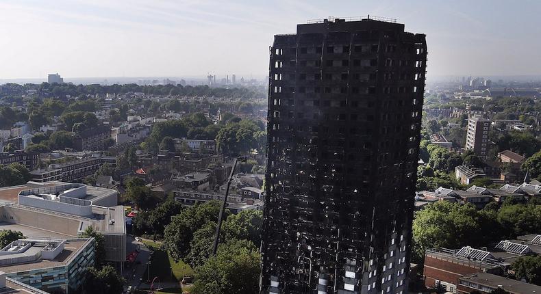 The remains of the charred Grenfell Tower in London.