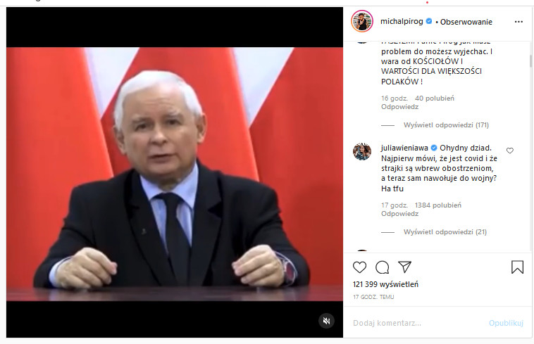 Julia Wieniawa komentuje post Michała Piroga. Mocne słowa o Jarosławie Kaczyńskim