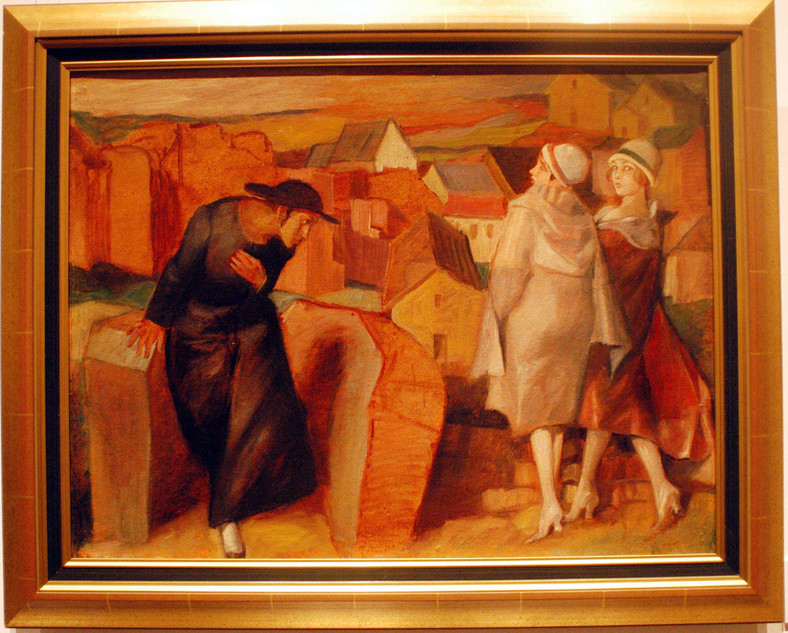 Jedyny zachowany olejny obraz Schulza - "Spotkanie. Młody chasyd /autoportret/ i dwie kobiety", 1920 r.