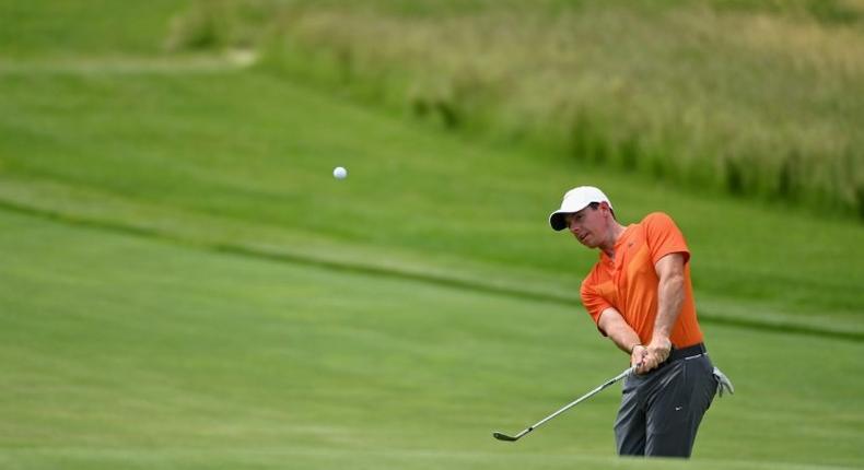 Rory McIlroy of Northern Ireland plays his shot during a practice round prior to the 2017 U.S. Open at Erin Hills on June 14, 2017 in Hartford, Wisconsin