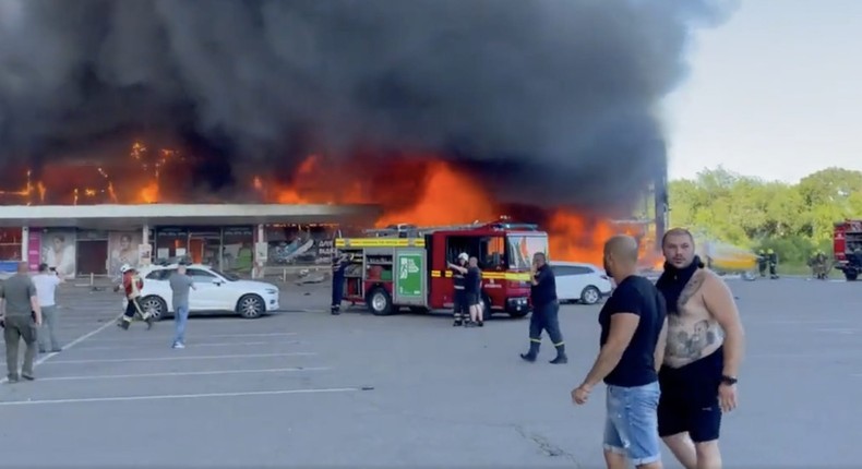 A shopping mall in Kremenchuk, Ukraine, after a Russian missile strike.