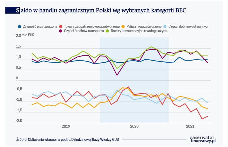 Saldo w handlu zagranicznym Polski wg wybranych kategorii BEC