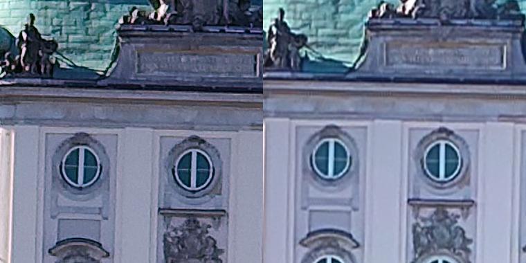 Wycinki w skali 1:1 z powyższych zdjęć - po lewej z kadru 50 MP, a po prawej z interpolowanego do 50 MP standardowego kadru 12,5 MP 