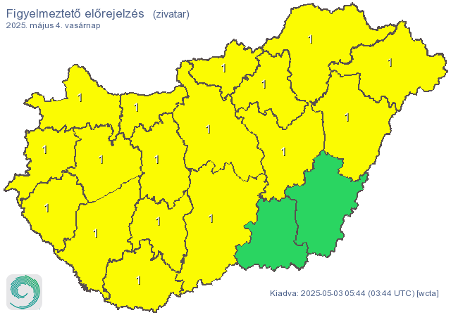 Két vármegye - Békés és Csongrád-Csanád - kivételével mindenhol elsőfokú figyelmeztetést adott ki a Hungaromet Zrt.