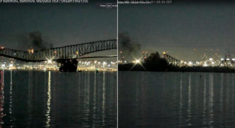 A YouTube livestream captured when a large ship rammed into a support beam of the Francis Scott Key Bridge on Tuesday.Screenshot/YouTube/StreamTime Live