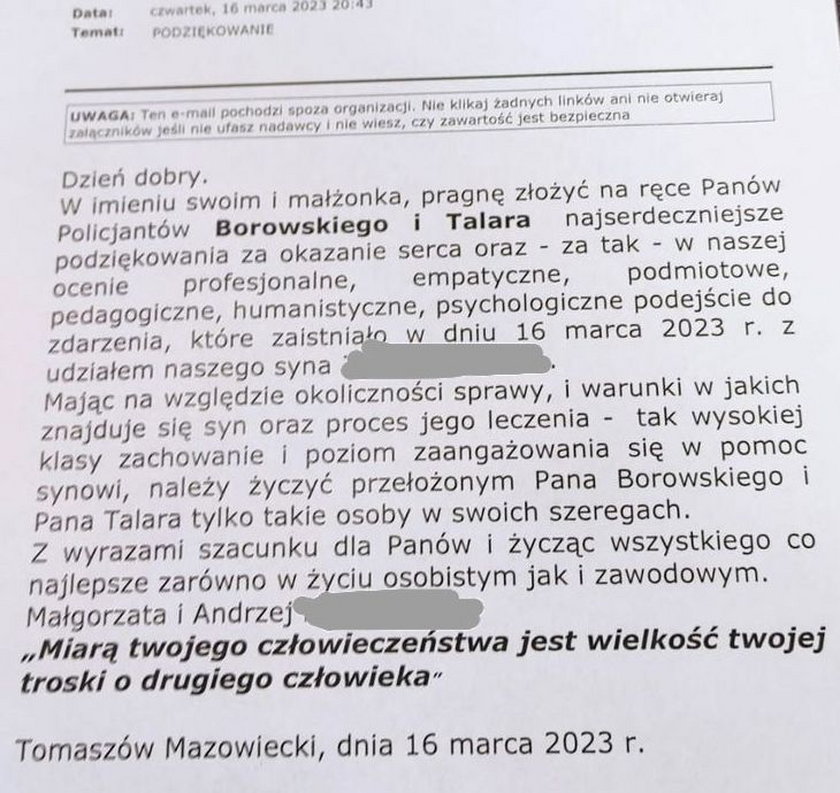 Tak brzmią podziękowania od rodziców bezdomnego mężczyzny. 