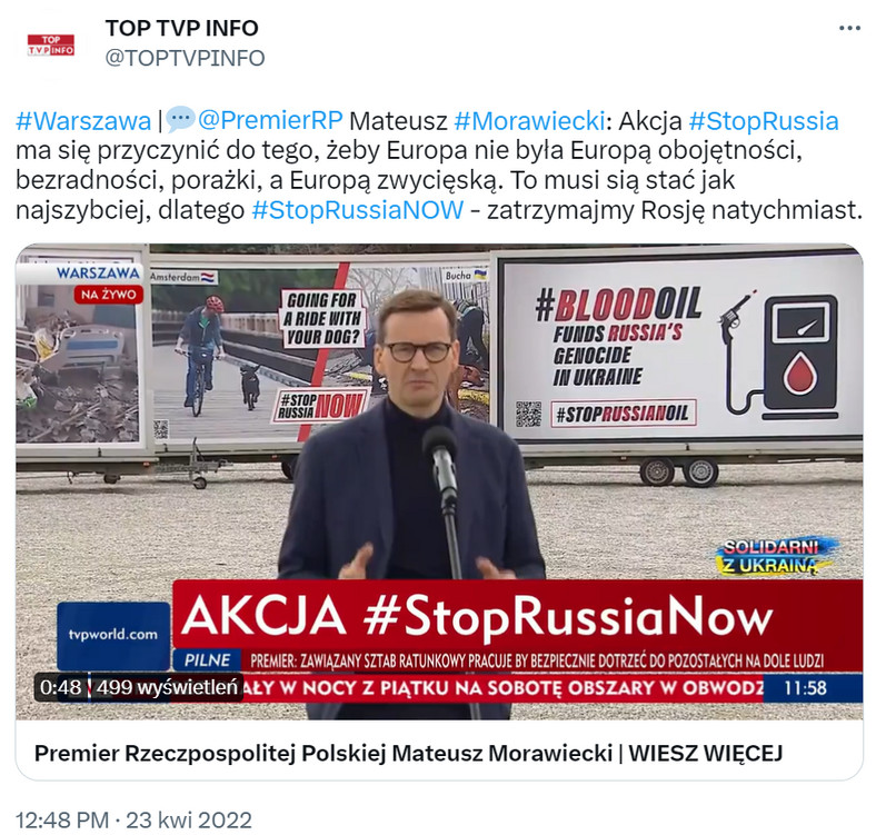 Premier Mateusz Morawiecki podczas inauguracji akcji #StopRussiaNow. Zrzut ekranu z wpisu TVP Info na Twitterze