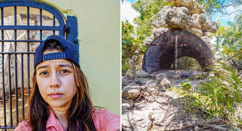The author in front of an abandoned zoo enclosure (L) and another abandoned structure in the Crandon Park Zoo's ruins in Florida.Joey Hadden/Insider