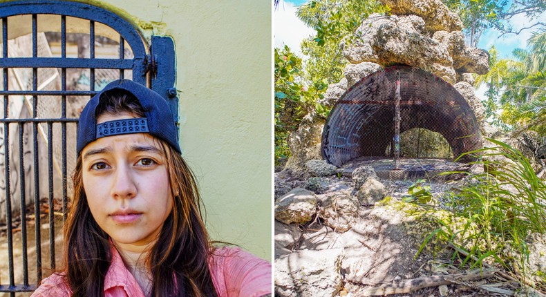 The author in front of an abandoned zoo enclosure (L) and another abandoned structure in the Crandon Park Zoo's ruins in Florida.Joey Hadden/Insider