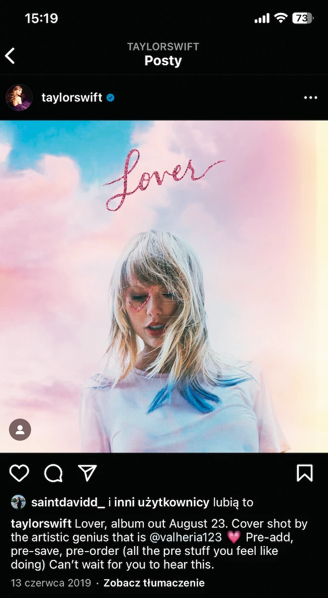 Taylor Swift promowała swój album „Lover” na swoim oficjalnym profilu na Instagramie.