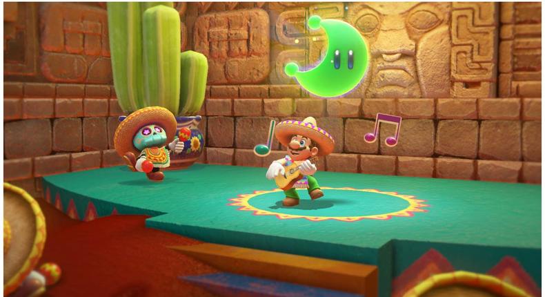 Yes, that's Mario playing guitar while a skeleton with maracas dances alongside him.