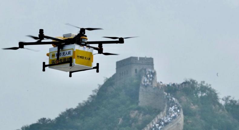 An drone delivers food packages in the Badaling section of the Great Wall in Beijing, China.Beijing Youth Daily/Getty Images