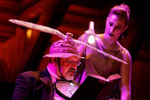 Majordomo Gary Dryfoos sits onstage before the 26th First Annual Ig Nobel Prize ceremony at Harvar