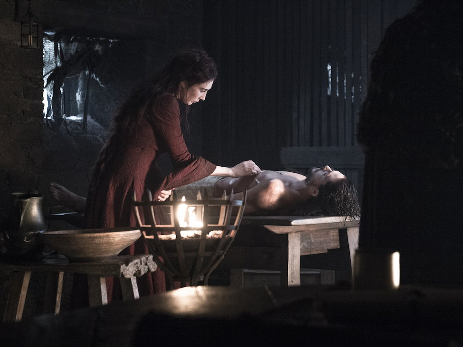 Carice van Houten as Melisandre and Kit Harington as Jon Snow on "Game of Thrones."