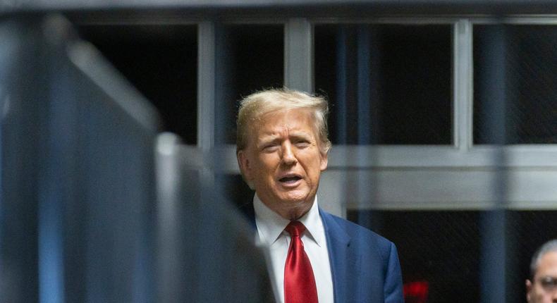 Former president Donald Trump speaks to the media after a pre-trial hearing at Criminal Court on March 25, 2024 in New York City.Justin Lane-Pool/Getty Images