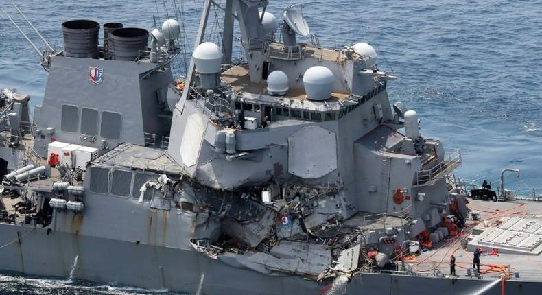 Damage is seen on the guided missile destroyer USS Fitzgerald off Japan's coast, after it collided with a Philippine-flagged container ship, on June 17, 2017